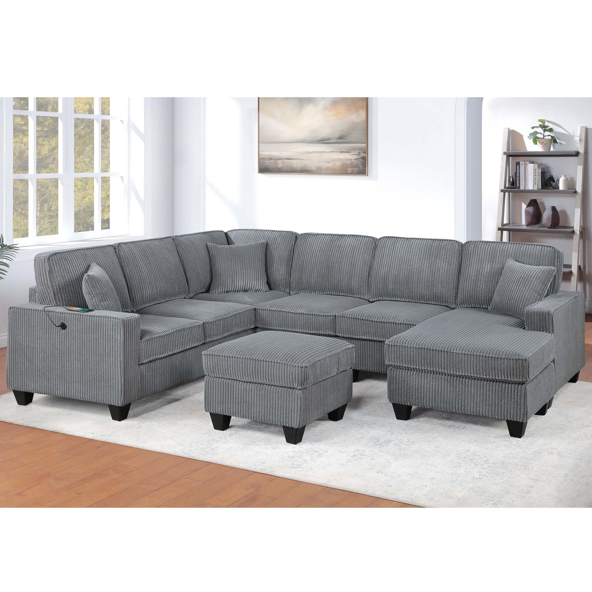 Left Arm Facing Loveseat With USB Port And Storage Sectional Set With Corner Wedge Armless Chair And Cocktail Ottoman - Fog Home Essentials
