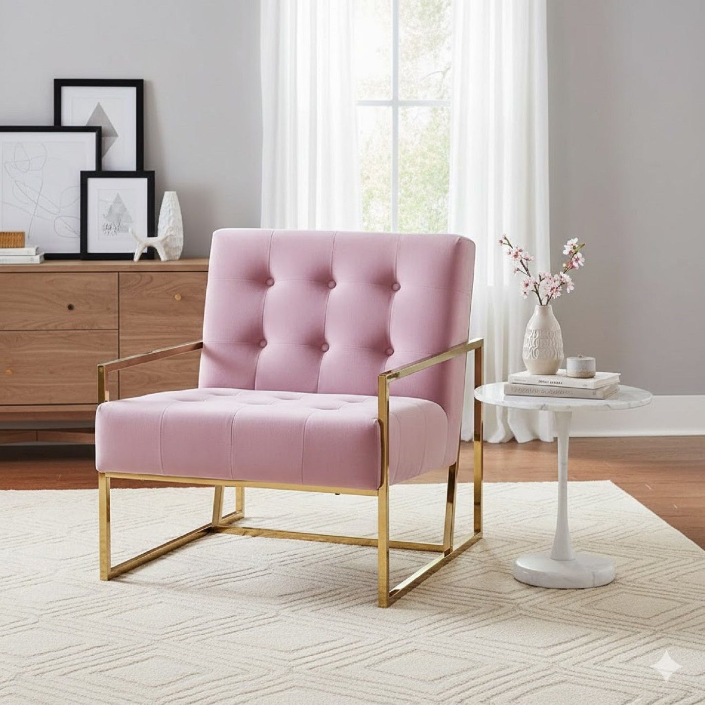 Tufted Accent Armchair With Frame For Living Room - Pink / Gold Home Essentials