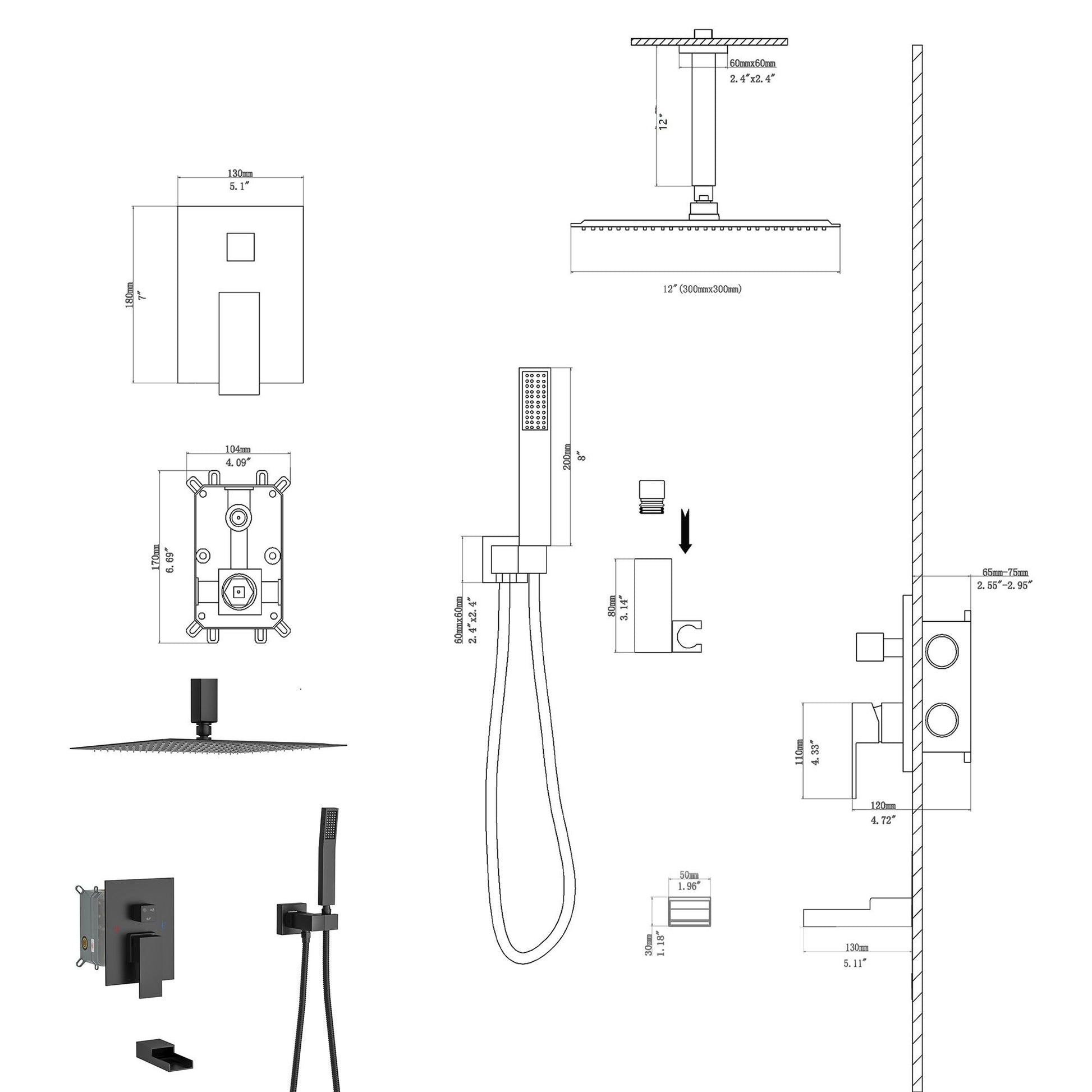12" Ceiling Mount Square Shower System With Waterfall Tub Spout And Rough In Valve Daily Nest