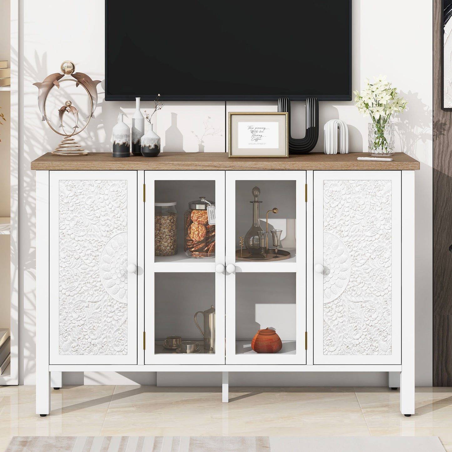 Retro TV Stand With 3 Spacious Cabinets, Glass Cabinet Doors And Anti-Tip Device Hearth and Haven