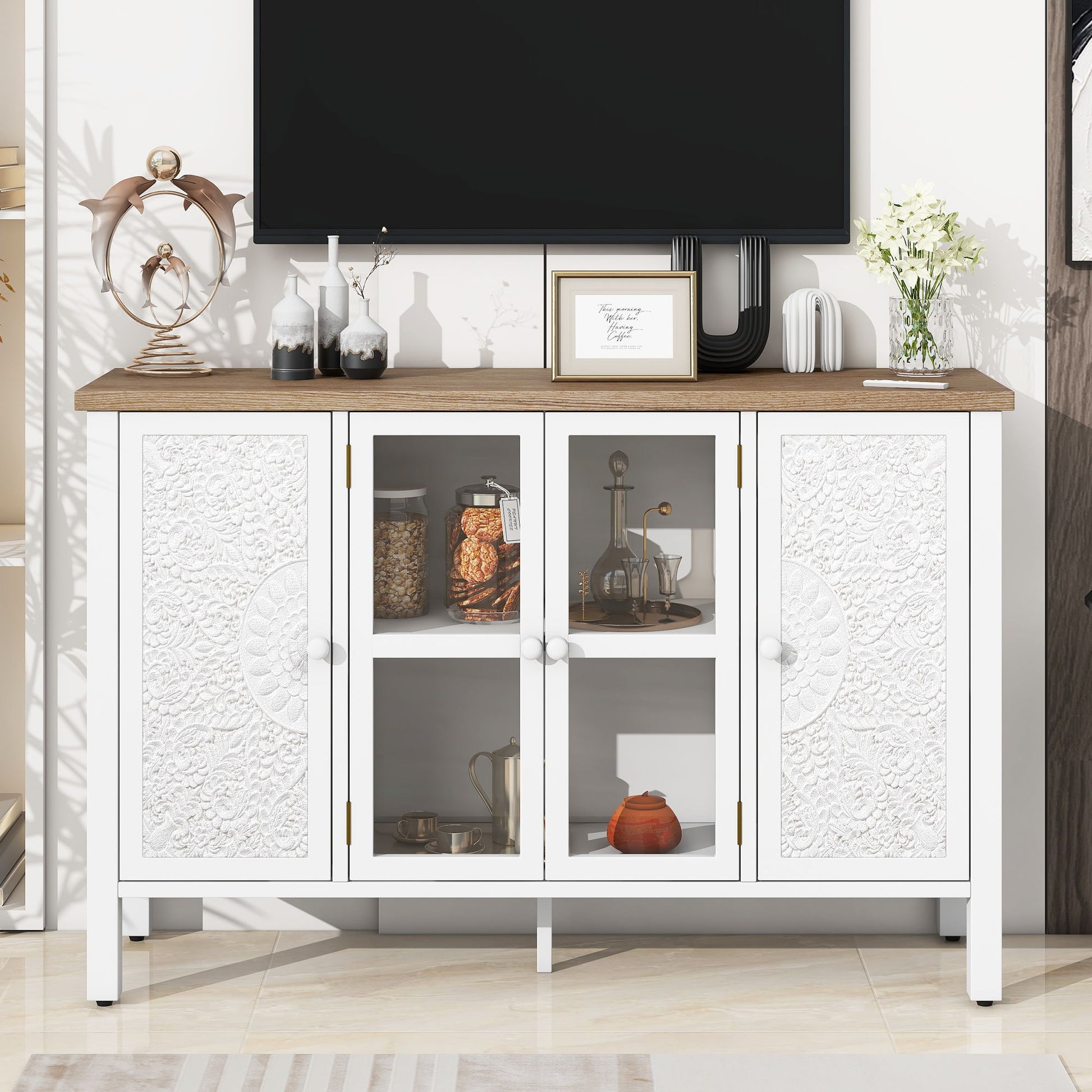 Retro TV Stand With 3 Spacious Cabinets, Glass Cabinet Doors And Anti-Tip Device Hearth and Haven
