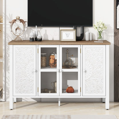 Retro TV Stand With 3 Spacious Cabinets, Glass Cabinet Doors And Anti-Tip Device Hearth and Haven