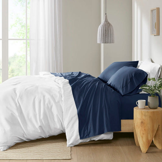 Queen Peached Percale Sheet Set - Navy