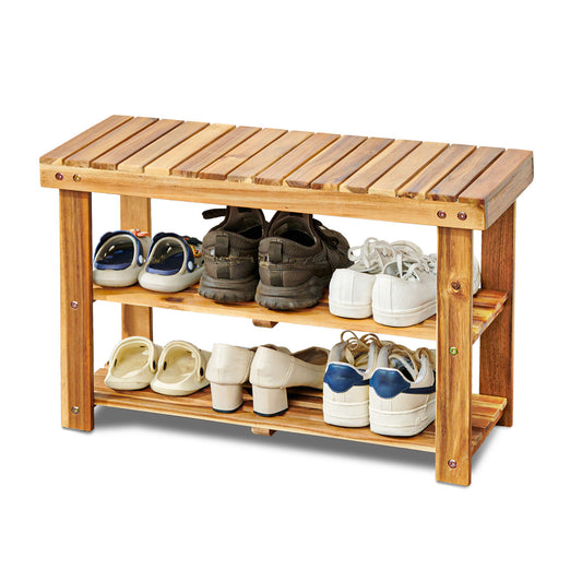 Shoe Rack Bench, 2 Tier Organizer For Entryway - Acacia Wood Home Essentials