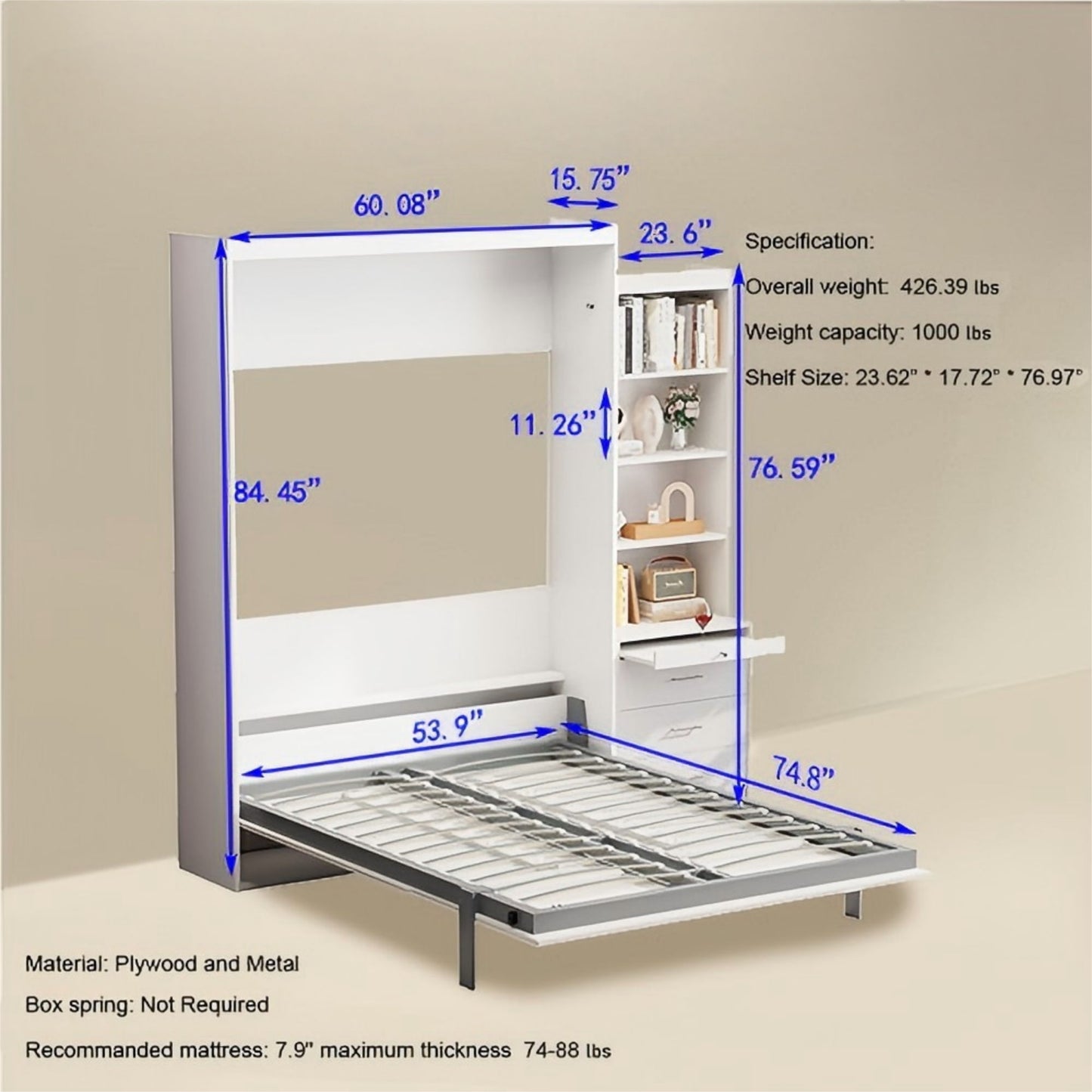 Morden Deisgn Vertical Murphy Bed With Shelf And Drawers For Bedroom Or Guestroom Wall Bed Space Saving Hidden Bed With New Style Gas Struts Home Essentials