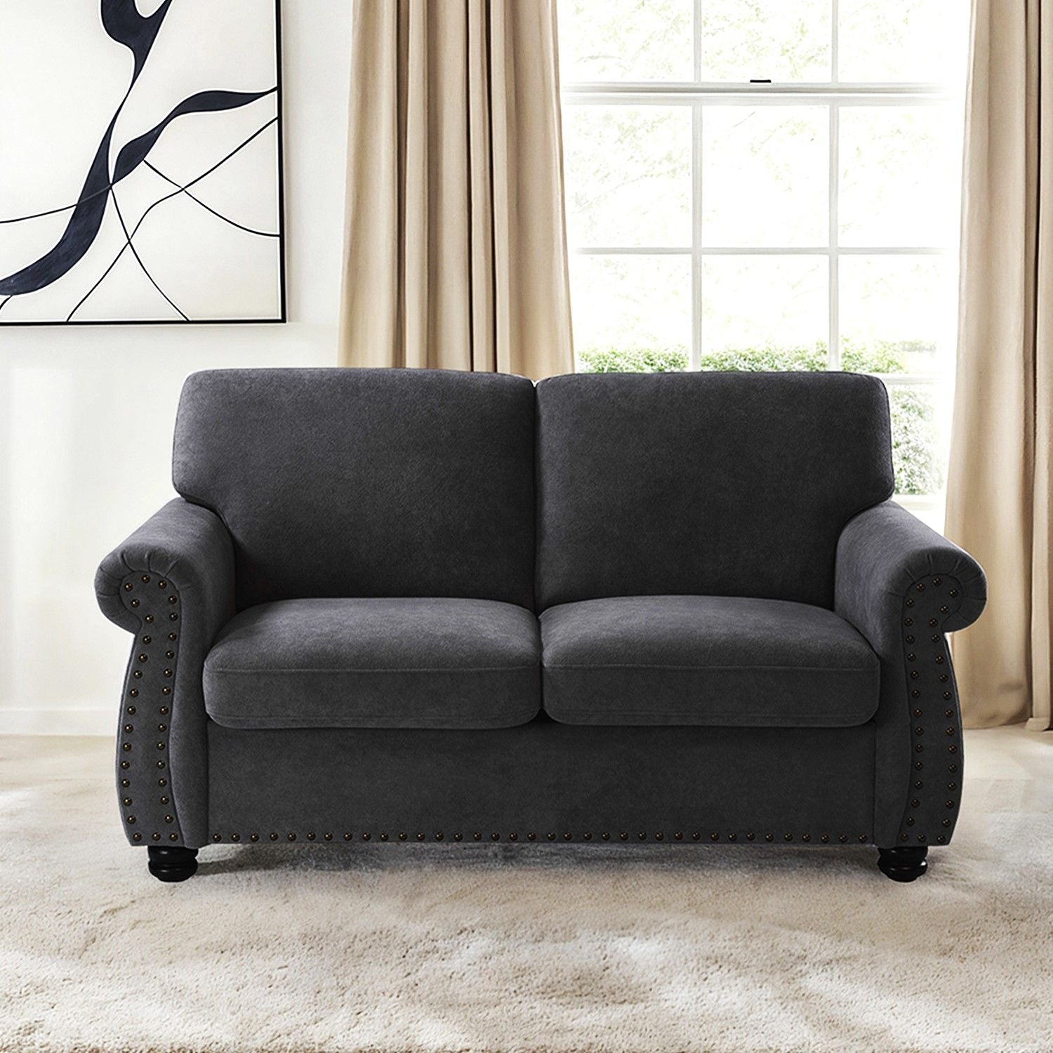 Soft Loveseat, Upholstered 2 Seater Couch, Loose Back Cushions And Turned Legs US Pride
