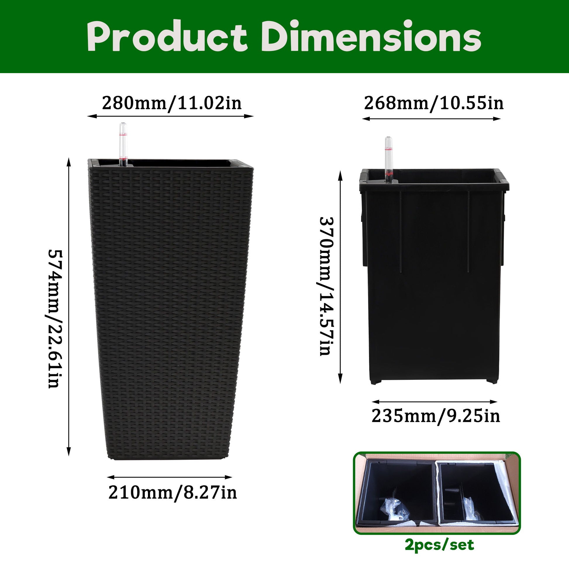 Elegant Square Planter With Automatic Watering System, Faux Rattan Design, Polypropylene (Set of 2) - Black Daily Nest