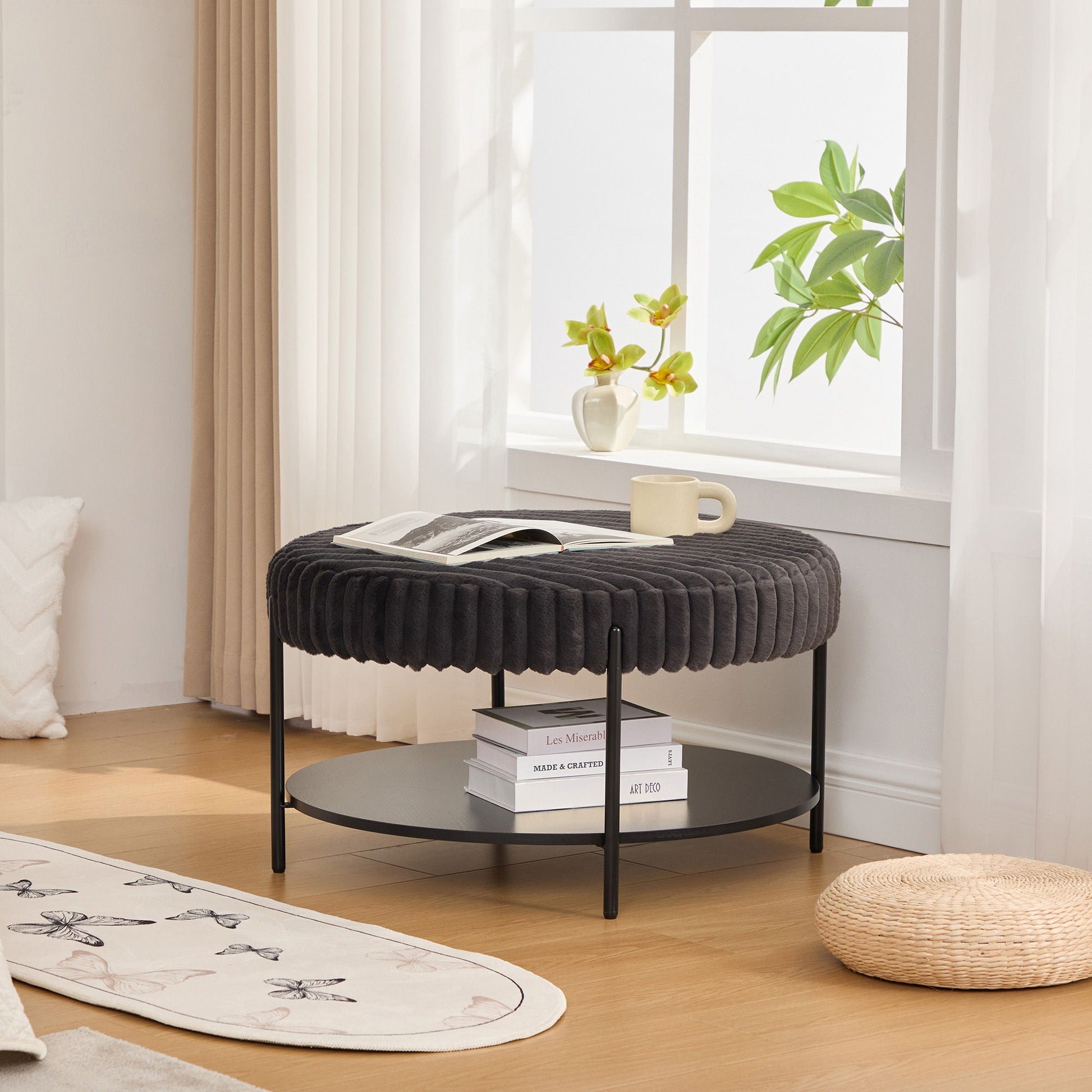 Modern Upholstered Round Ottoman Coffee Table With Storage Shelf Home Essentials