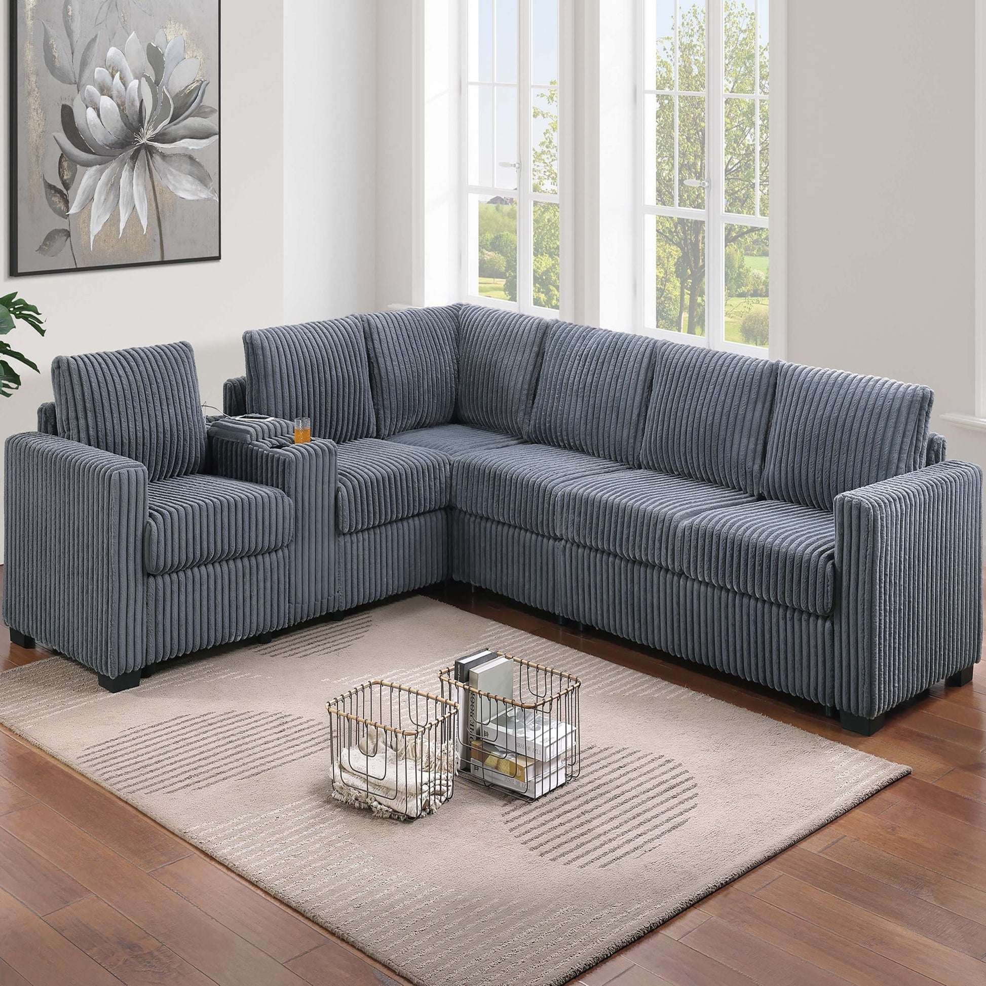 Modern Style L-Shape Sectional Set, USB Ports, Cup Holder Home Essentials