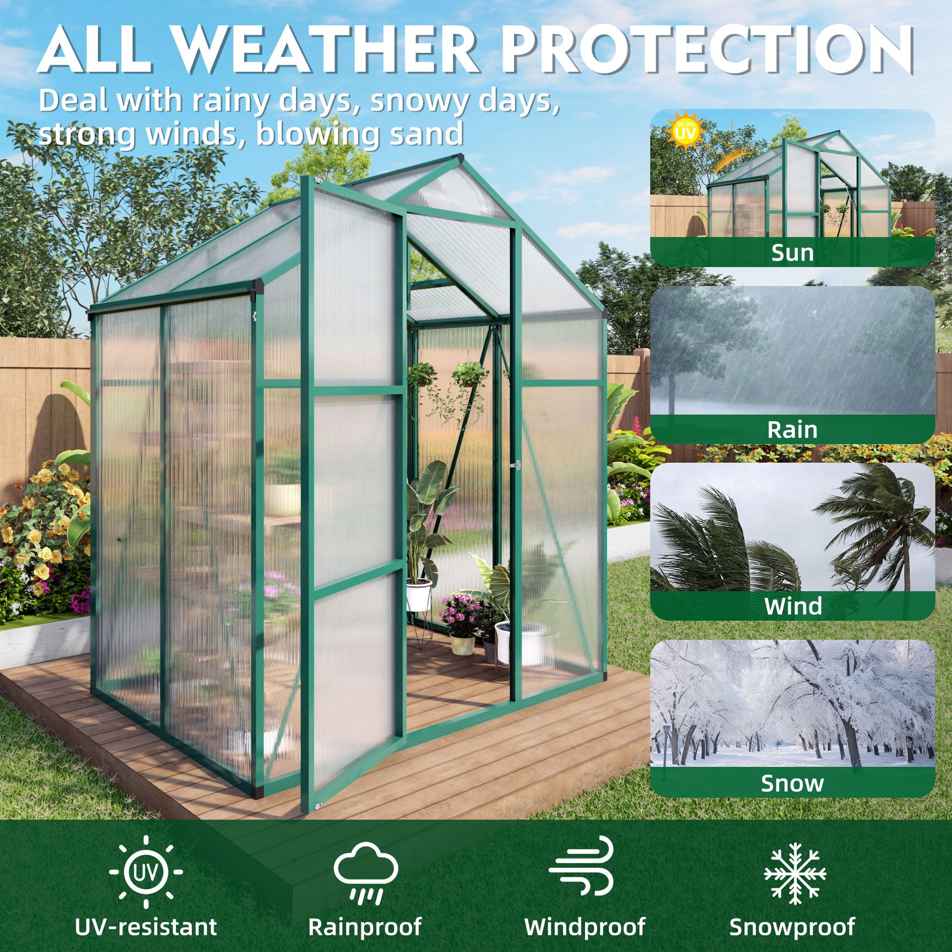 Polycarbonate Walk-In Greenhouse, Raised Base For Outdoor In All Season Daily Nest