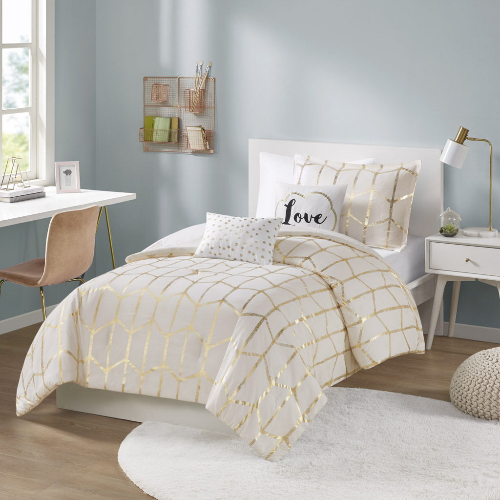 Raina - Twin Metallic Printed Comforter Set - Ivory / Gold Intelligent Design