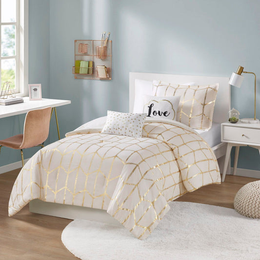 Raina - Twin Metallic Printed Comforter Set - Ivory / Gold Intelligent Design