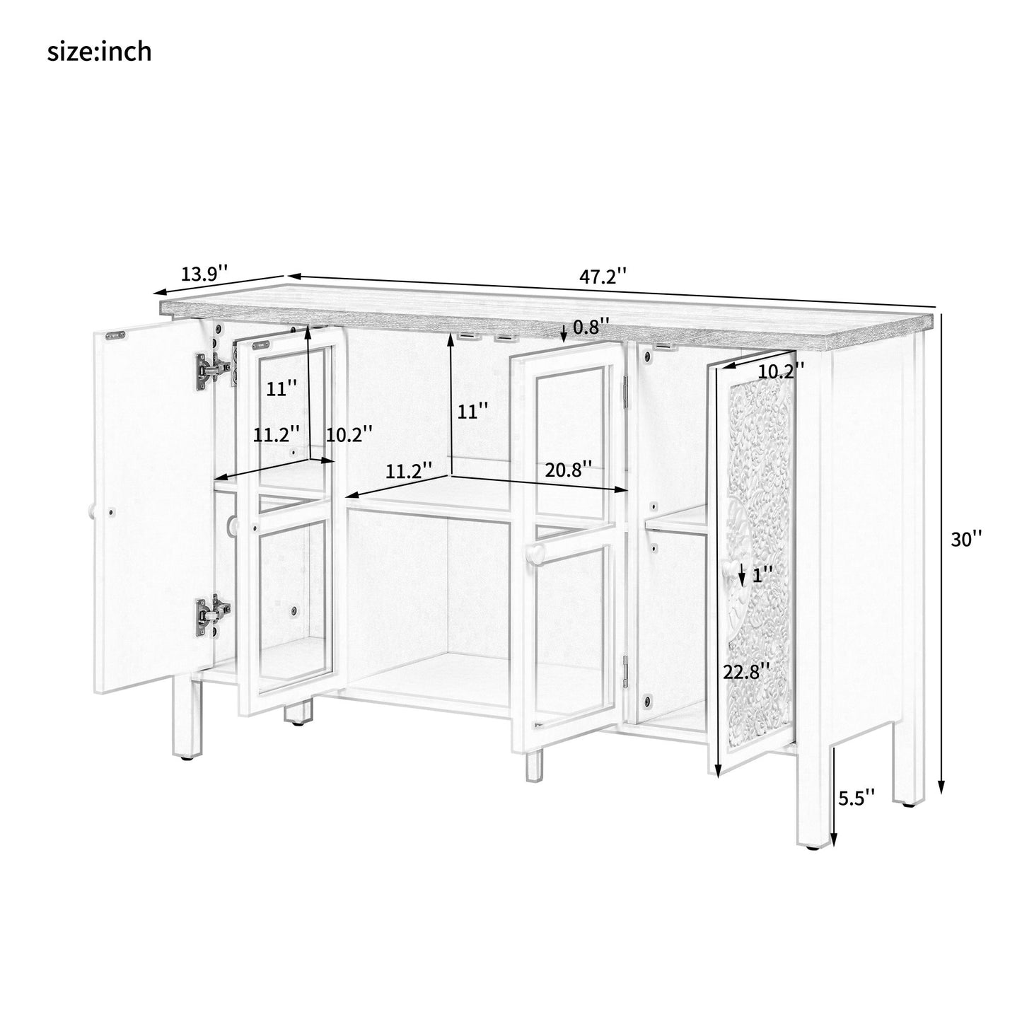 Retro TV Stand With 3 Spacious Cabinets, Glass Cabinet Doors And Anti-Tip Device Hearth and Haven