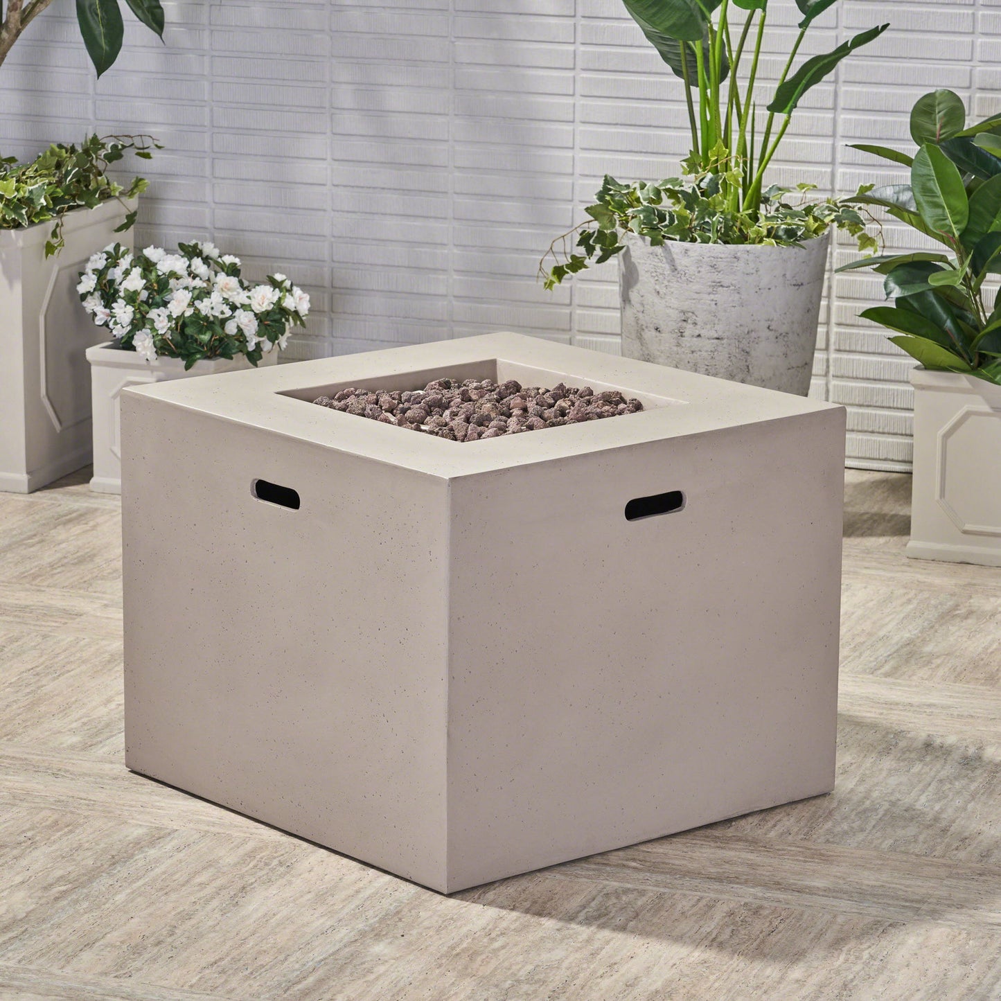 Outdoor Patio Square Gas Burning Concrete Fire Pit 40,000 Btu Noble House