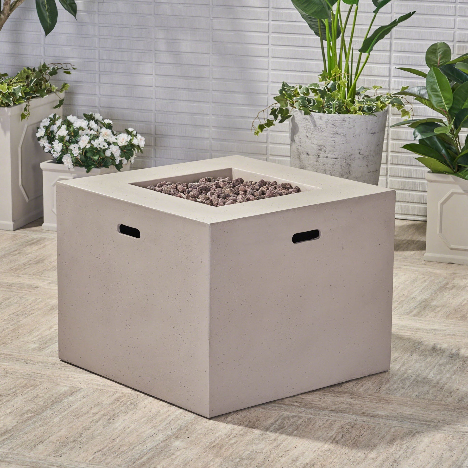 Outdoor Patio Square Gas Burning Concrete Fire Pit 40,000 Btu Noble House