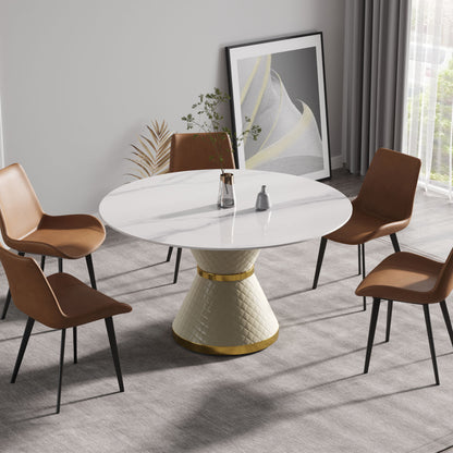 Modern Artificial Stone Round Carbon Steel Base Dining Table, Can Accommodate 6 People Home Essentials