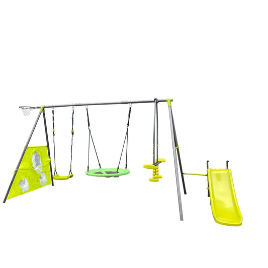 Interesting Six Function Swingset With Net Swing Metal Plastic Safe Swing Set 440Lbs For Outdoor Playground For Age 3+ With 31.5" Net Swing - Gray / Blue Daily Nest