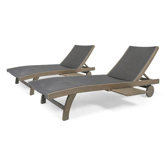 Outdoor Chaise Lounge With Pull Out Tray And Wicker Seat - Gray Noble House