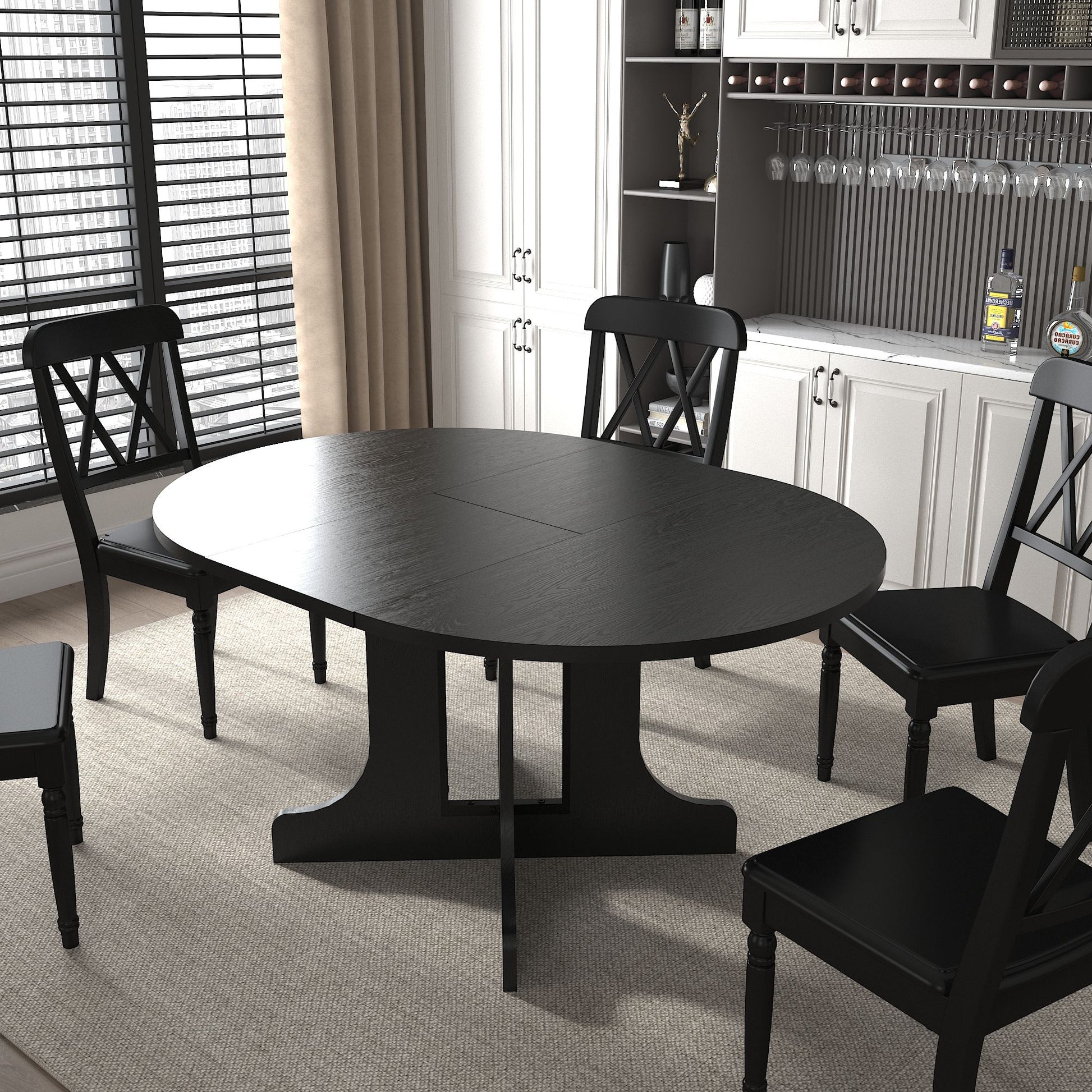 Dining Table For Farmhouse Kitchen Expandable Oval Table Top With Removable Leaf Trestle X Shaped Base - Black Home Essentials