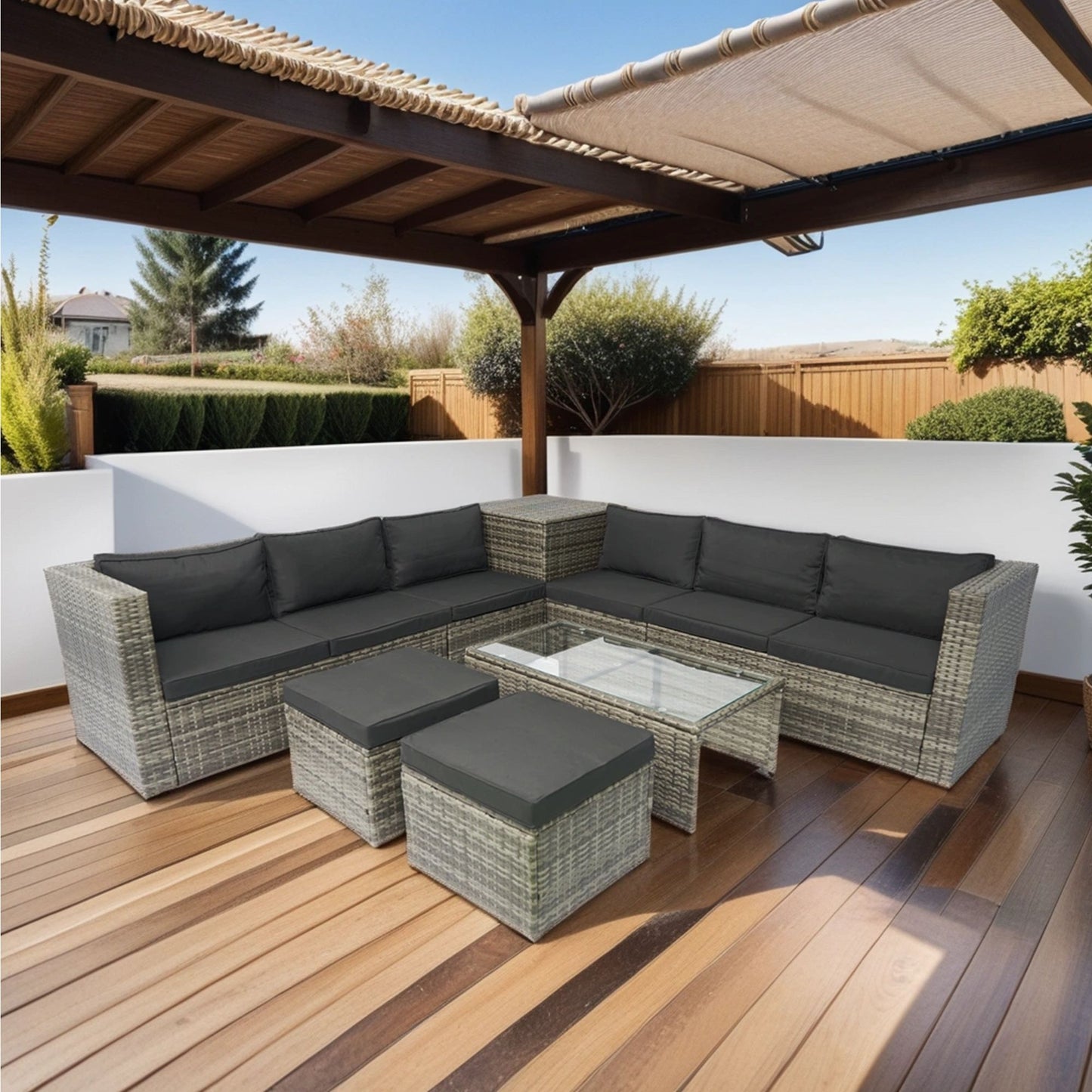 8 Piece Patio Sectional Wicker Rattan Outdoor Furniture Sof Set With One Storage Box Under Seat And Cushion Box - Gray / Black Home Essentials