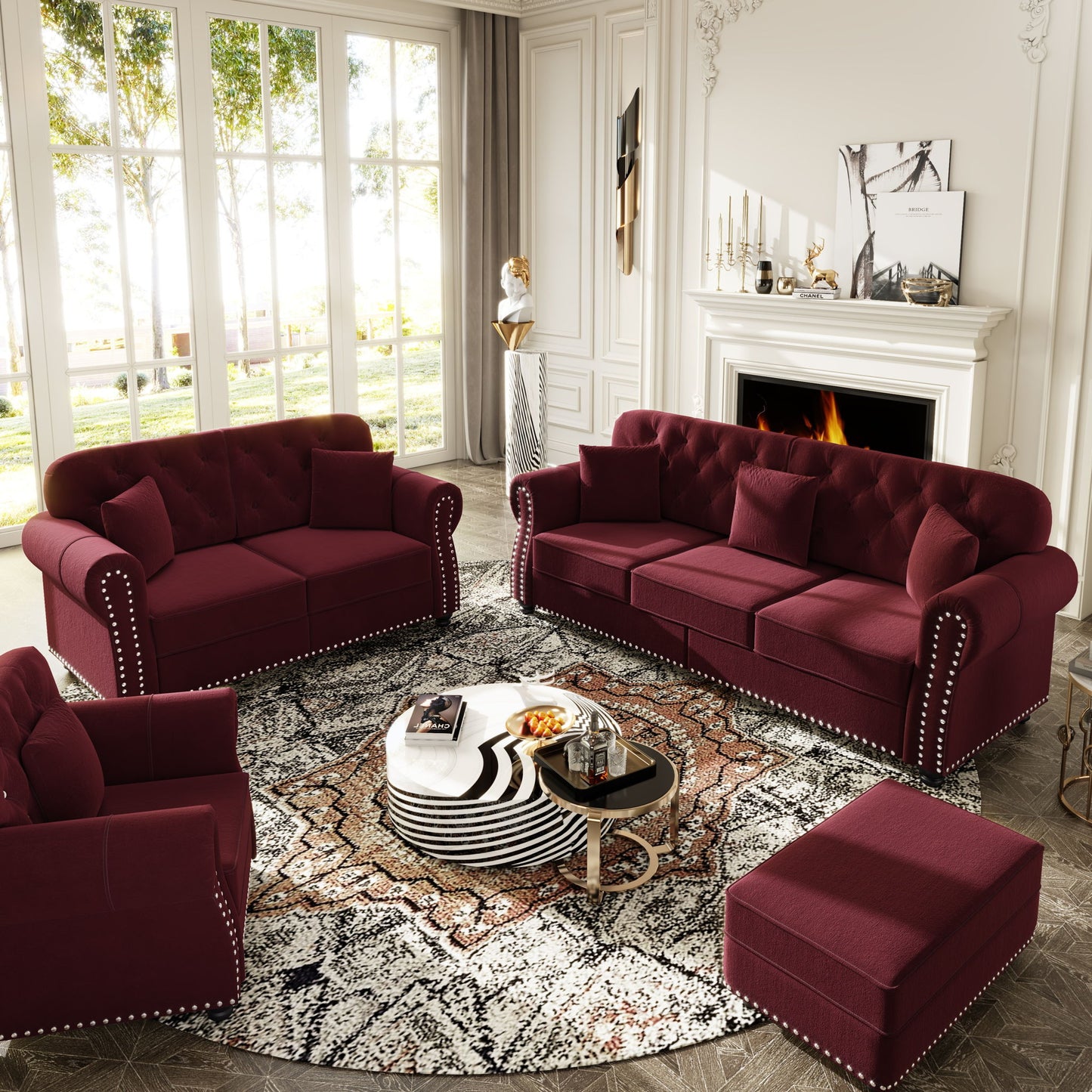 Upholstered Sofa Set With Nailhead Trim And Rolled Armrests, Includes Pillows Home Essentials