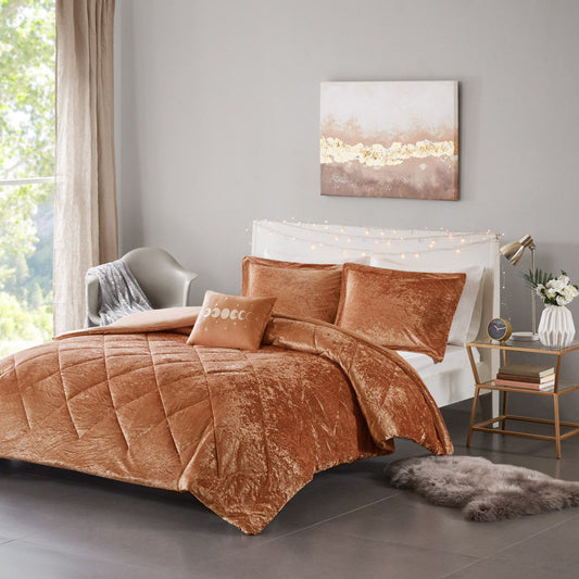 Felicia - Velvet Queen Duvet Cover Set With Throw Pillow - Rust