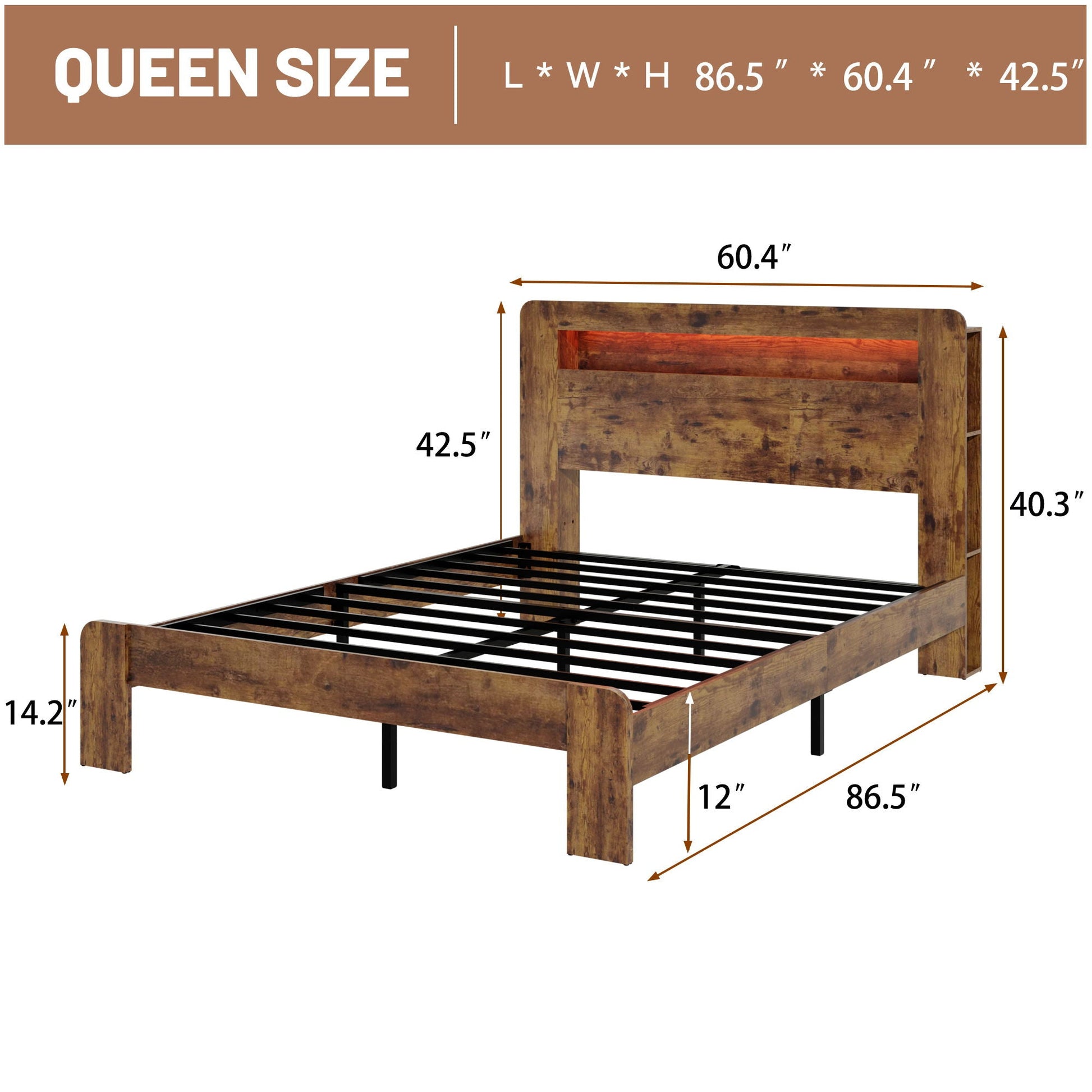 Wood Platform Bed Frame With Storage LED Light Headboard & USB Home Essentials