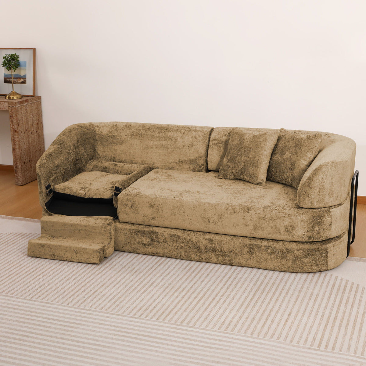 3 Seater Sofa With Built In Pet Bed Nook, Curved Design And 2 Throw Pillows Home Essentials