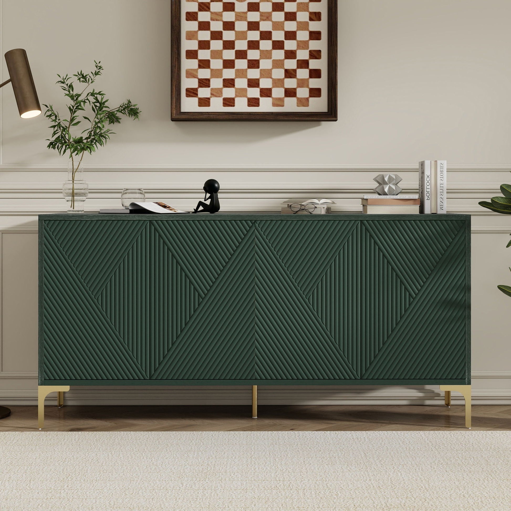 Modern Wood Sideboard Cabinet With Carved Door Panels, Adjustable Shelves, And Sturdy Metal Legs Home Essentials