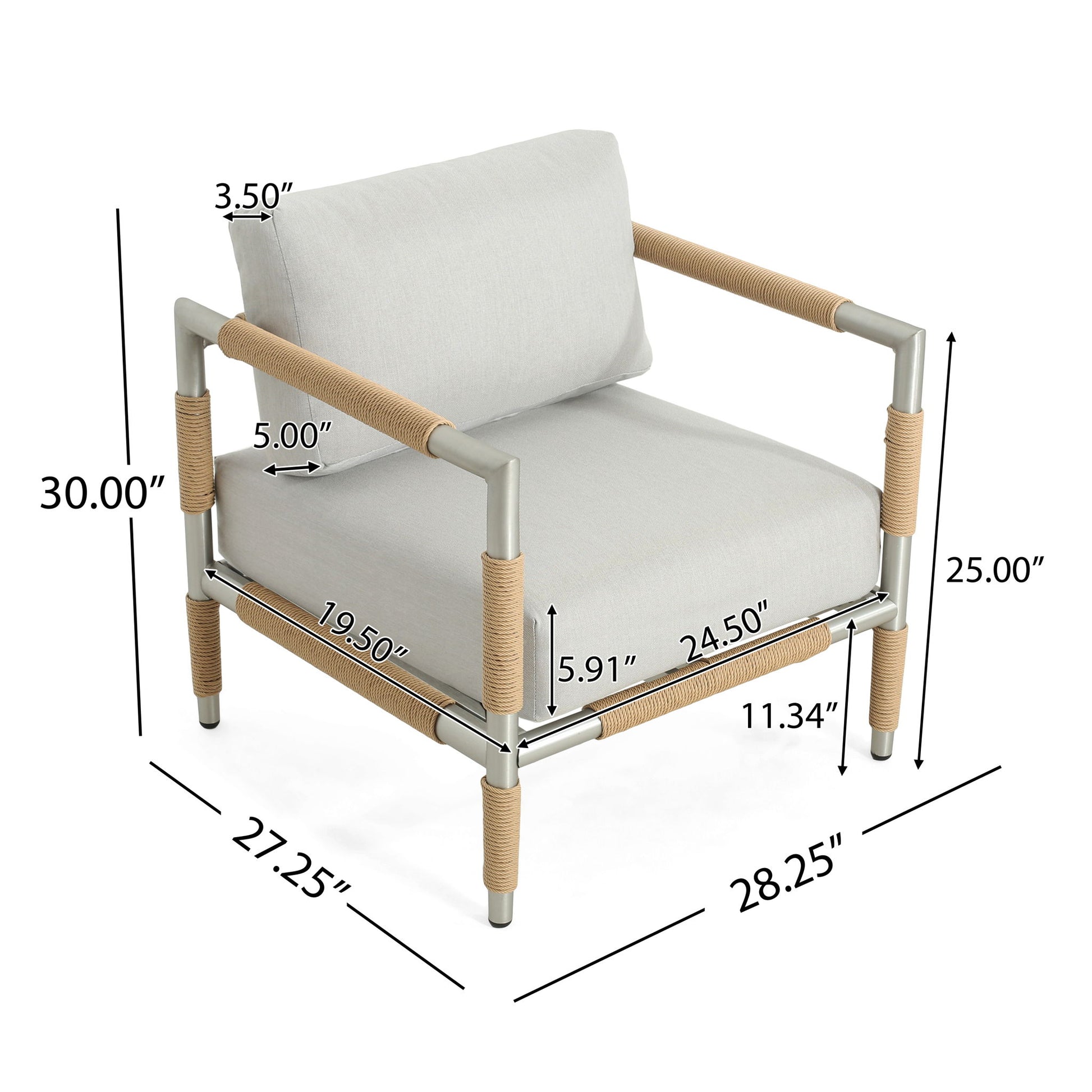 Oriana - Aluminum Outdoor Patio Armchair With Thick Cushions - Light Gray Noble House