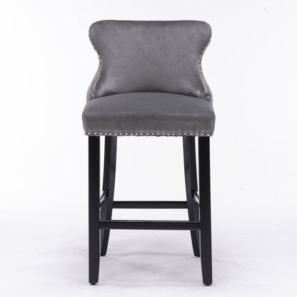 Contemporary Velvet Upholstered Wing-Back Barstools With Button Tufted Decoration And Wooden Legs, And Chrome Nailhead Trim, Leisure Style Bar Chairs, Bar Stools (Set of 4) Home Essentials