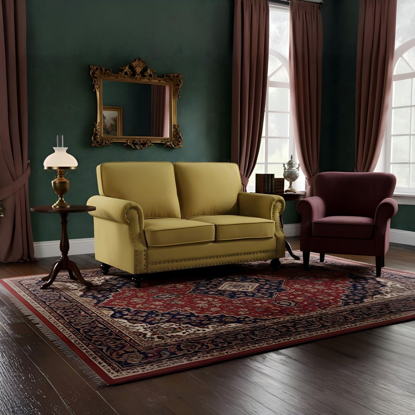 Loveseat Sofa With Nailhead Detail & Turned Legs, 2 Seater Upholstered Couch US Pride