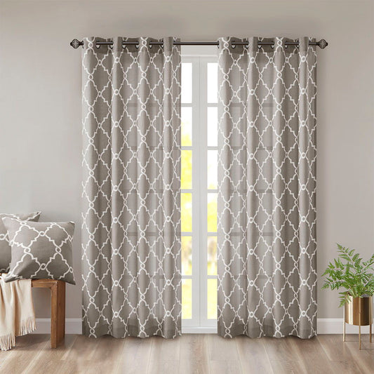 Saratoga - 95" Fretwork Print Grommet Top Window Curtain - Gray Madison Park