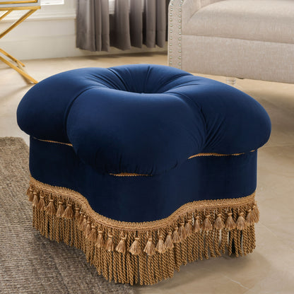 Ellen - Upholstered Clover Ottoman With Gold Bullion Fringe - Navy Blue Jennifer Taylor Home