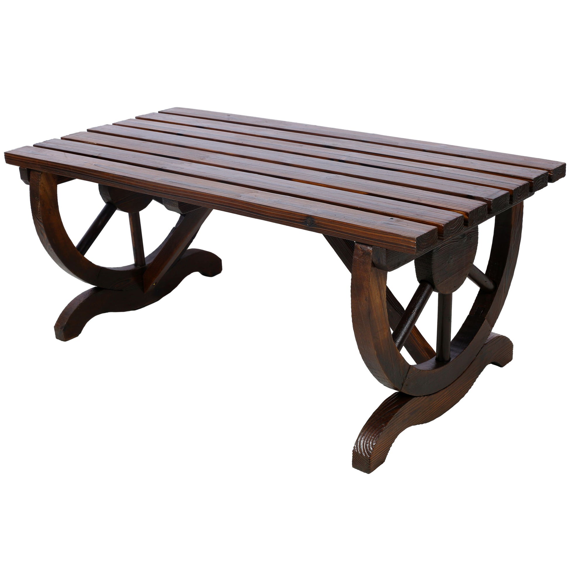 Rustic Wooden Bench With Wagon Wheel Legs For Garden And Patio - Brown Home Essentials