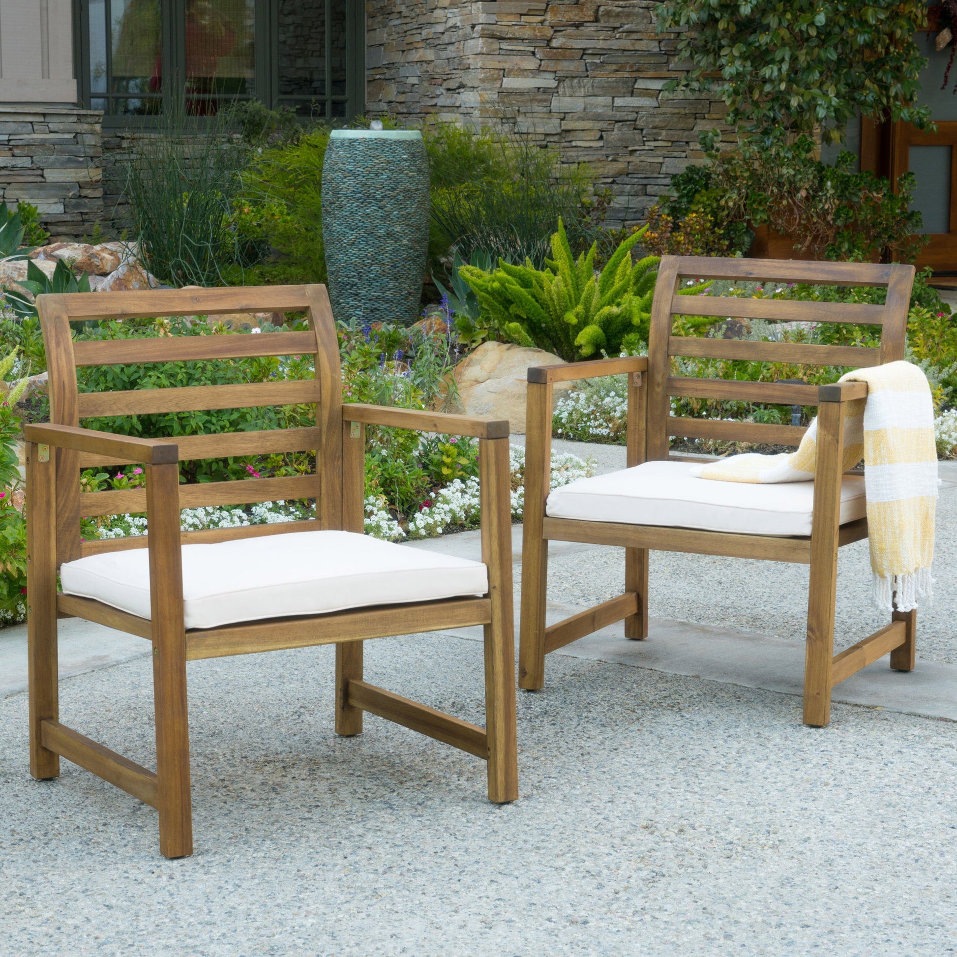 Outdoor Acacia Wood Club Chairs, 2 Pieces Set - Natural Stained / White Noble House