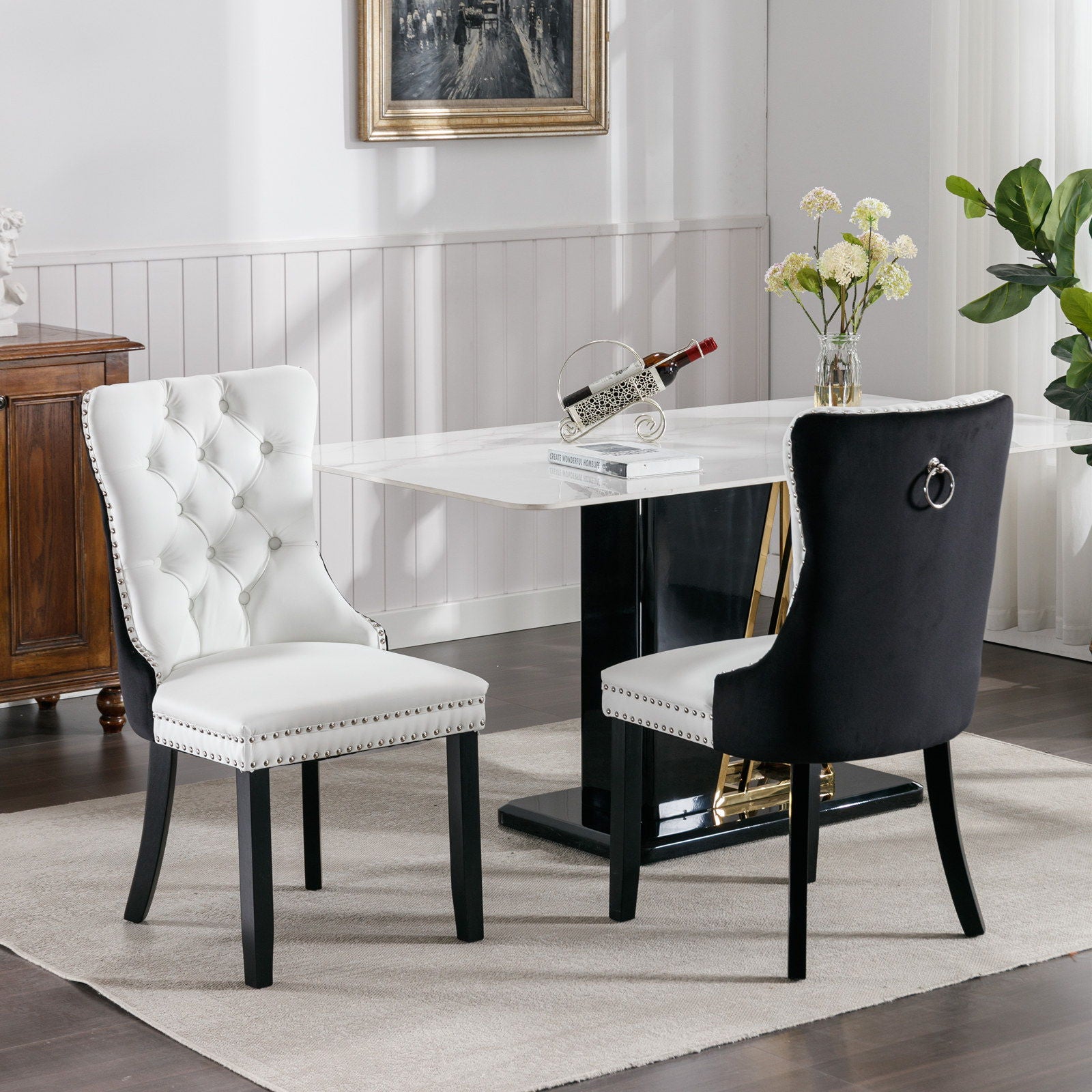 Nikki - Modern, High-End Tufted Solid Wood Contemporary PU And Velvet Upholstered Dining Chair With Wood Legs Nailhead Trim (Set of 2) Home Essentials