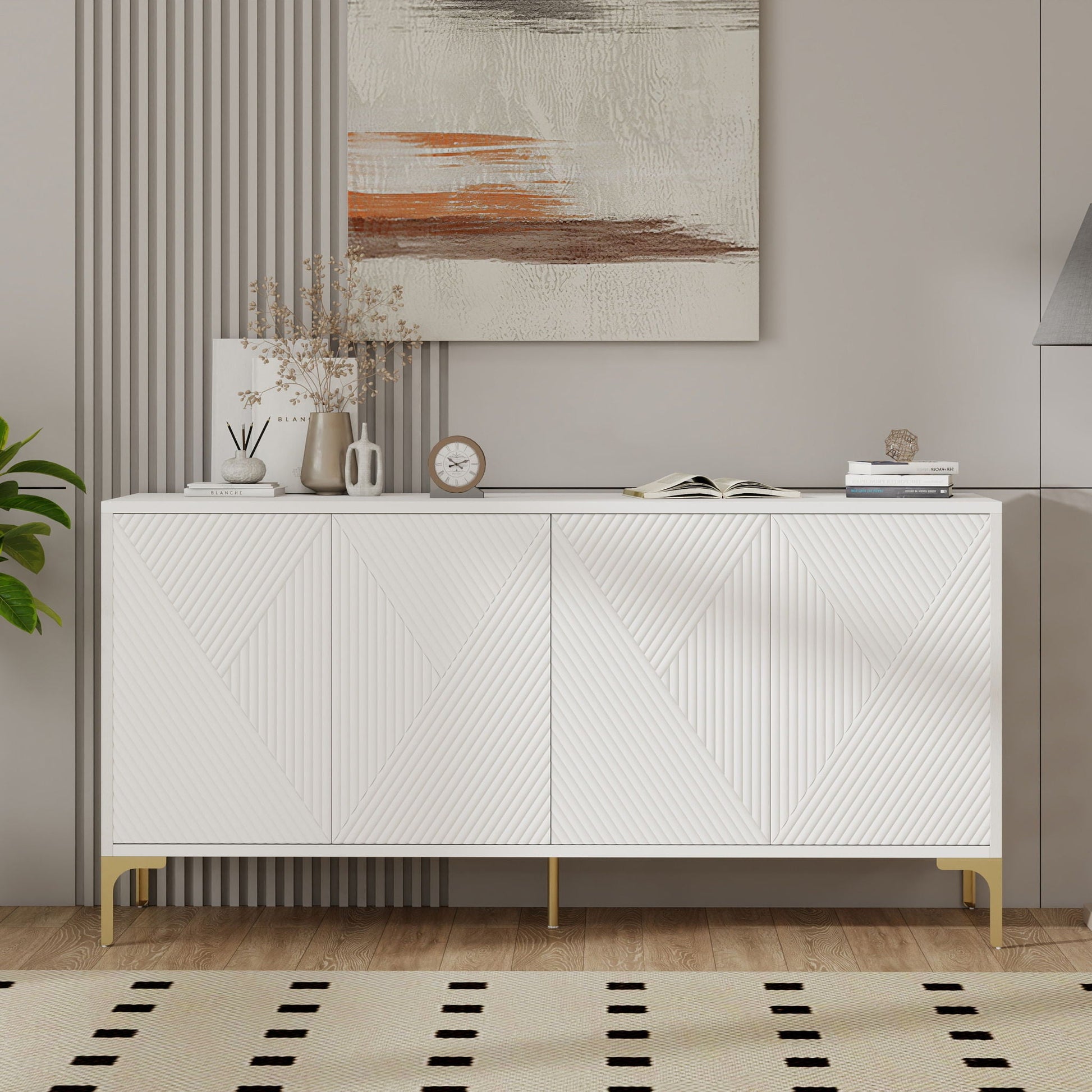Modern Wood Sideboard Cabinet With Carved Door Panels, Adjustable Shelves, And Sturdy Metal Legs Home Essentials