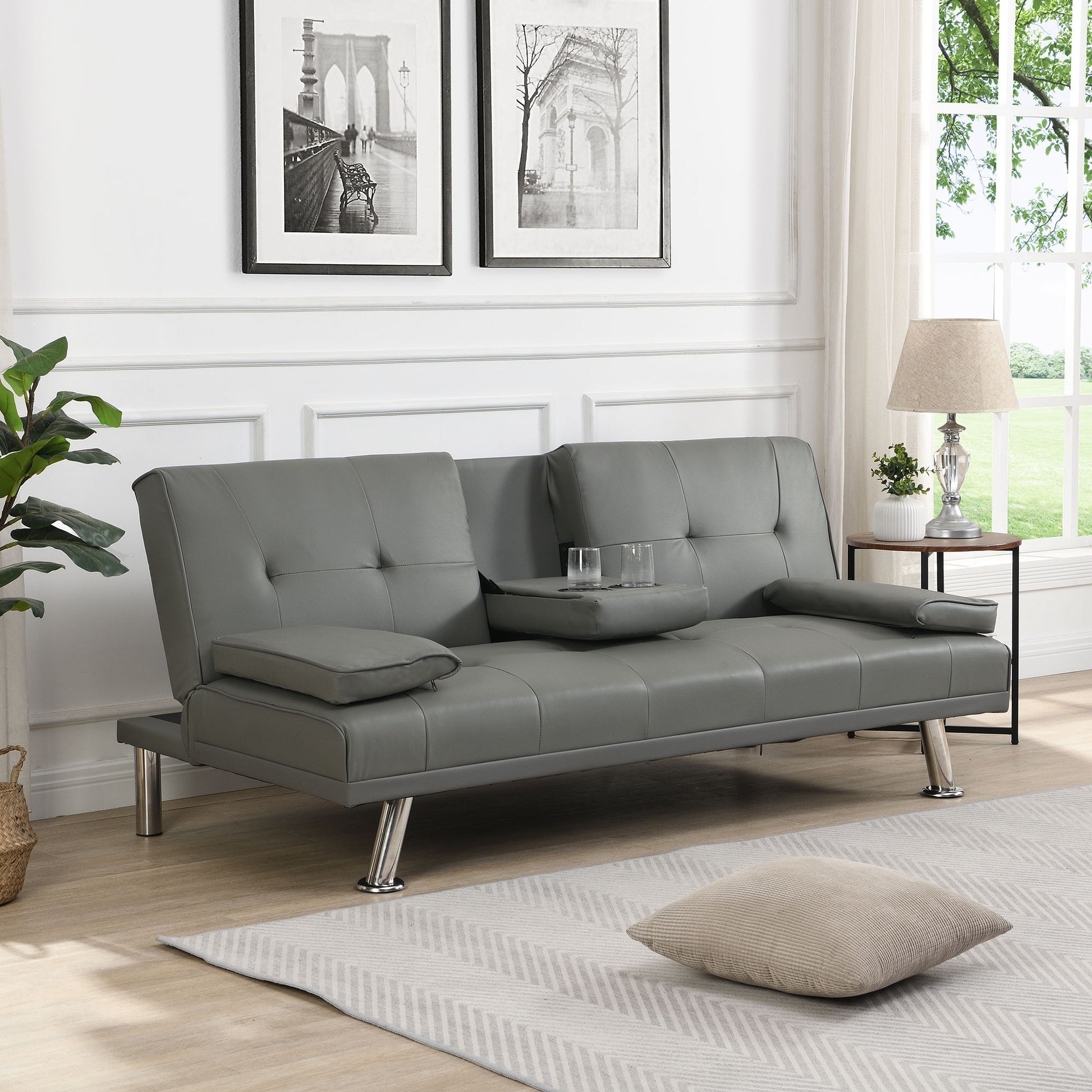 Modern Sofa Bed With Armrest 2 Holders, Wood Frame & Stainless Leg Home Essentials