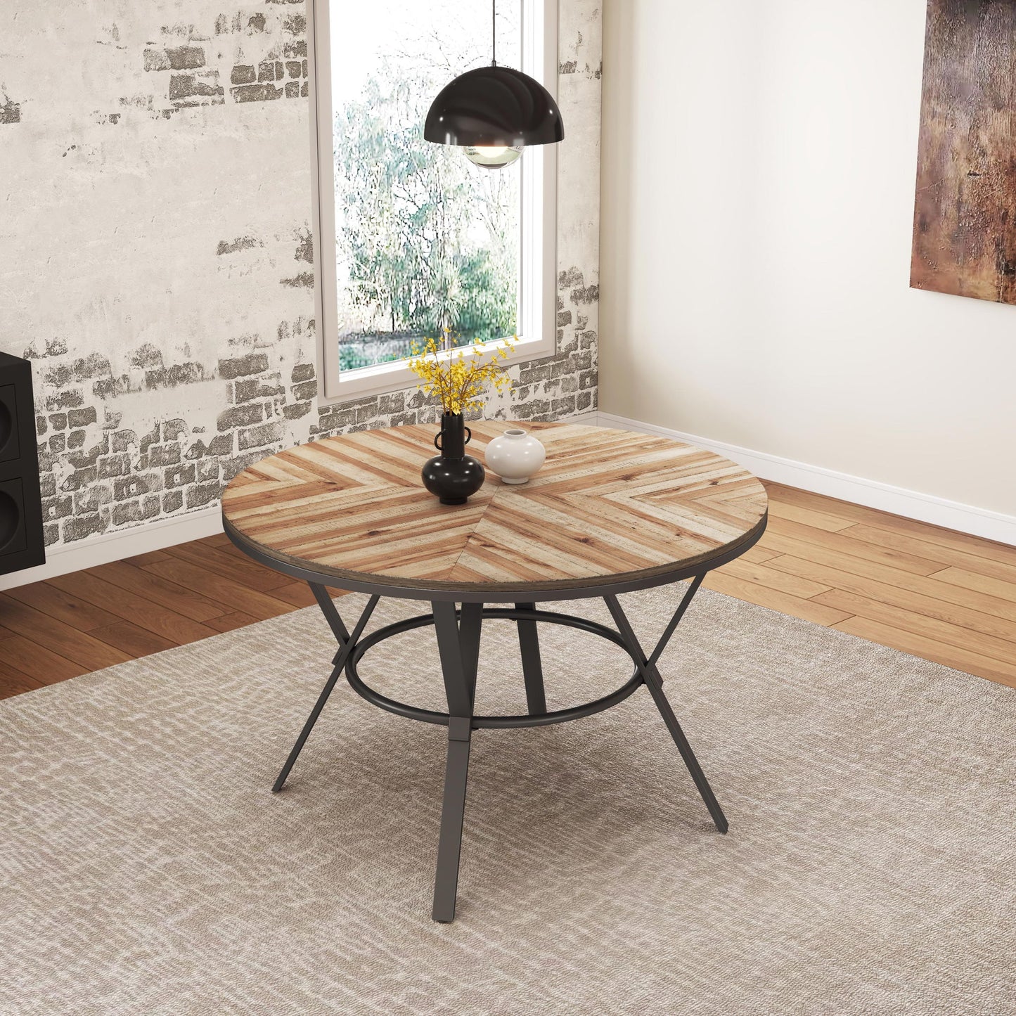 Modern Style Indoor Dining Round Table With Metal Legs - Light Birch Noble House