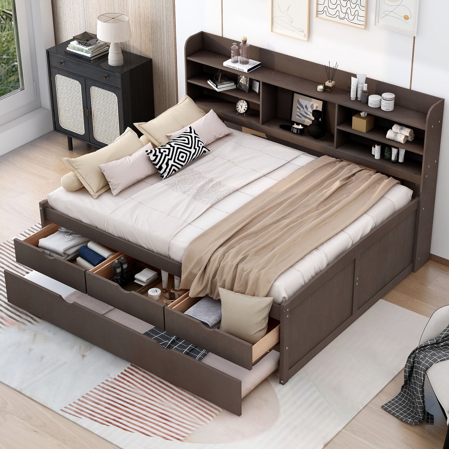 Captain Bed With Built In Bookshelves, 3 Storage Drawers, And Trundle Hearth and Haven