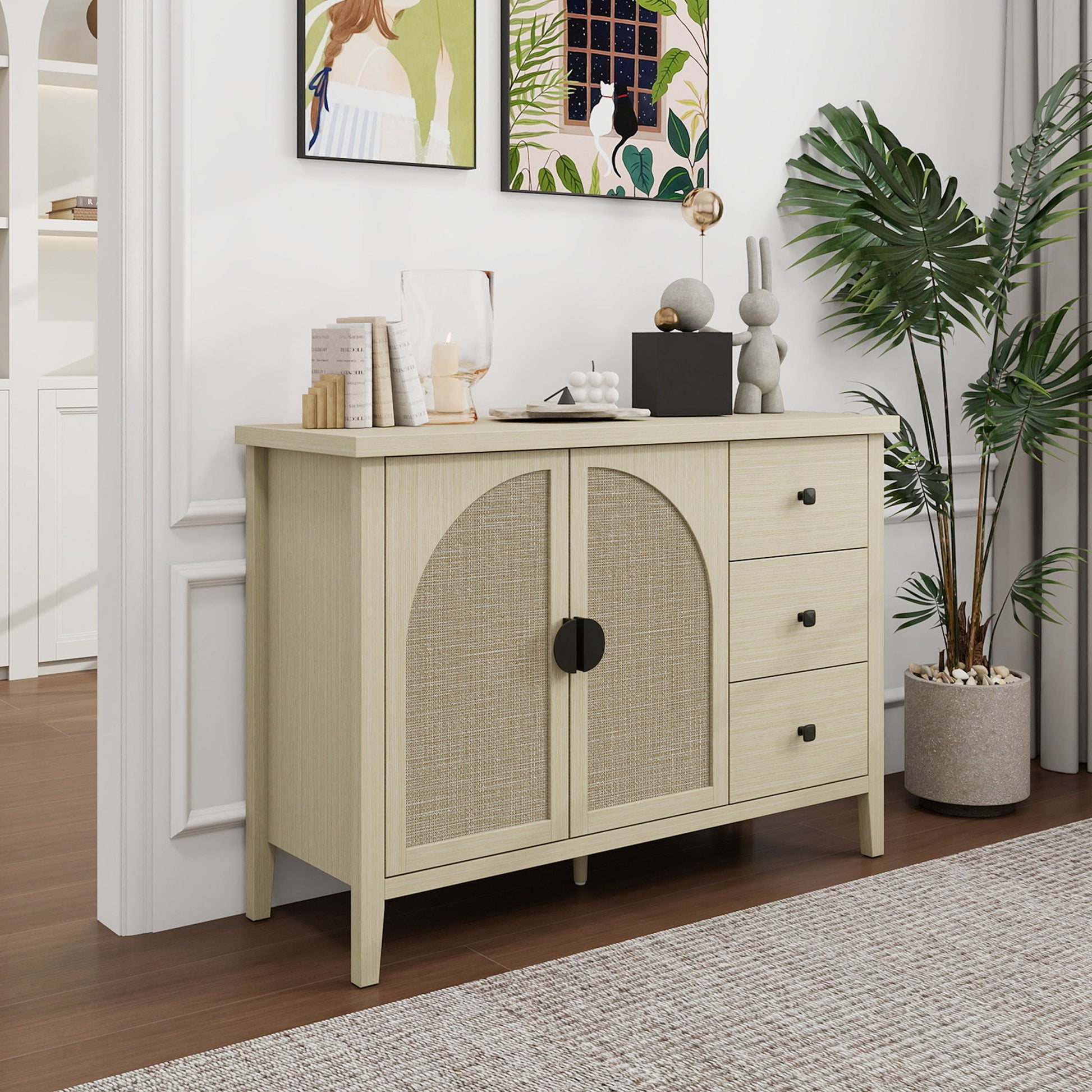 Rattan 2 Door 3 Drawer Cabinet, Suitable For Bedroom - Natural Home Essentials