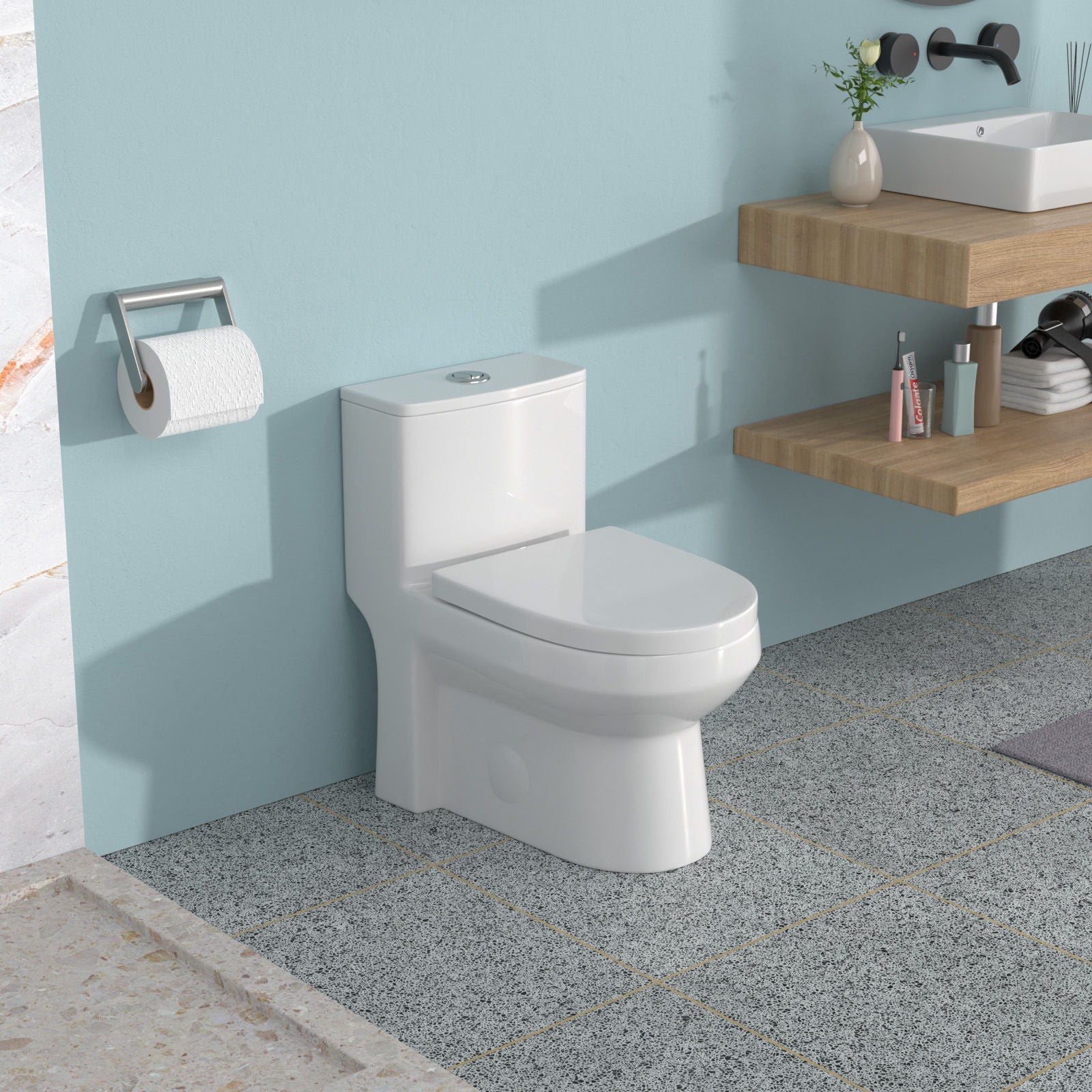 1 Piece Toilet For Bathroom, Dual Flush 1.1 / 1.6 Gpf, Soft Closing Seat - White Daily Nest