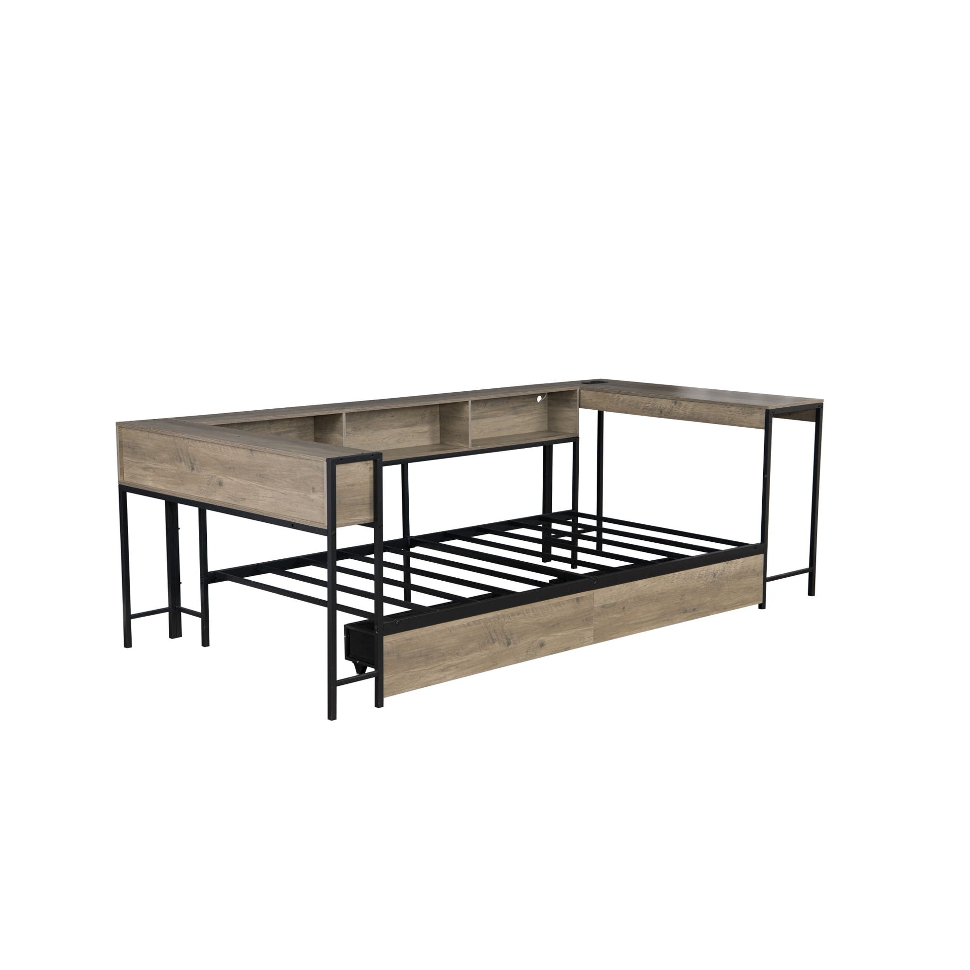 Corner Bed Frame Twin Size With Bookcase And 2 Underbed Storage Drawers, Modern Twin Bed With LED Light And Charging Station, Modern Daybed Reversible Left Or Right - Gray Home Essentials