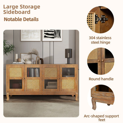 Retro Industrial 4 Door Sideboard With Large Storage, Rattan And Glass Doors Home Essentials