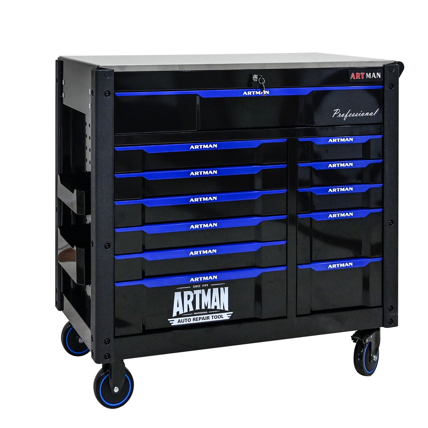 12 Layer Drawer Multi Purpose Tool Cart With Wheels And Iron Top - Black / Blue Daily Nest