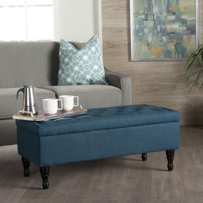 Hyatt - Suede Storage Ottoman With Tufted Top And Dark Wooden Legs - Navy Blue Noble House