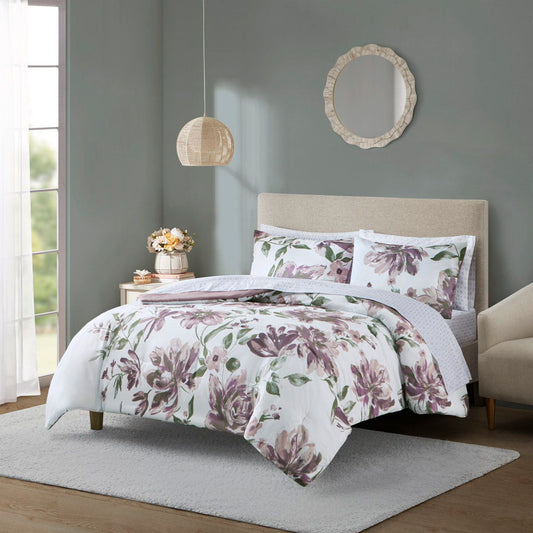 Alice - Twin Floral Comforter Set With Bed Sheets - Mauve