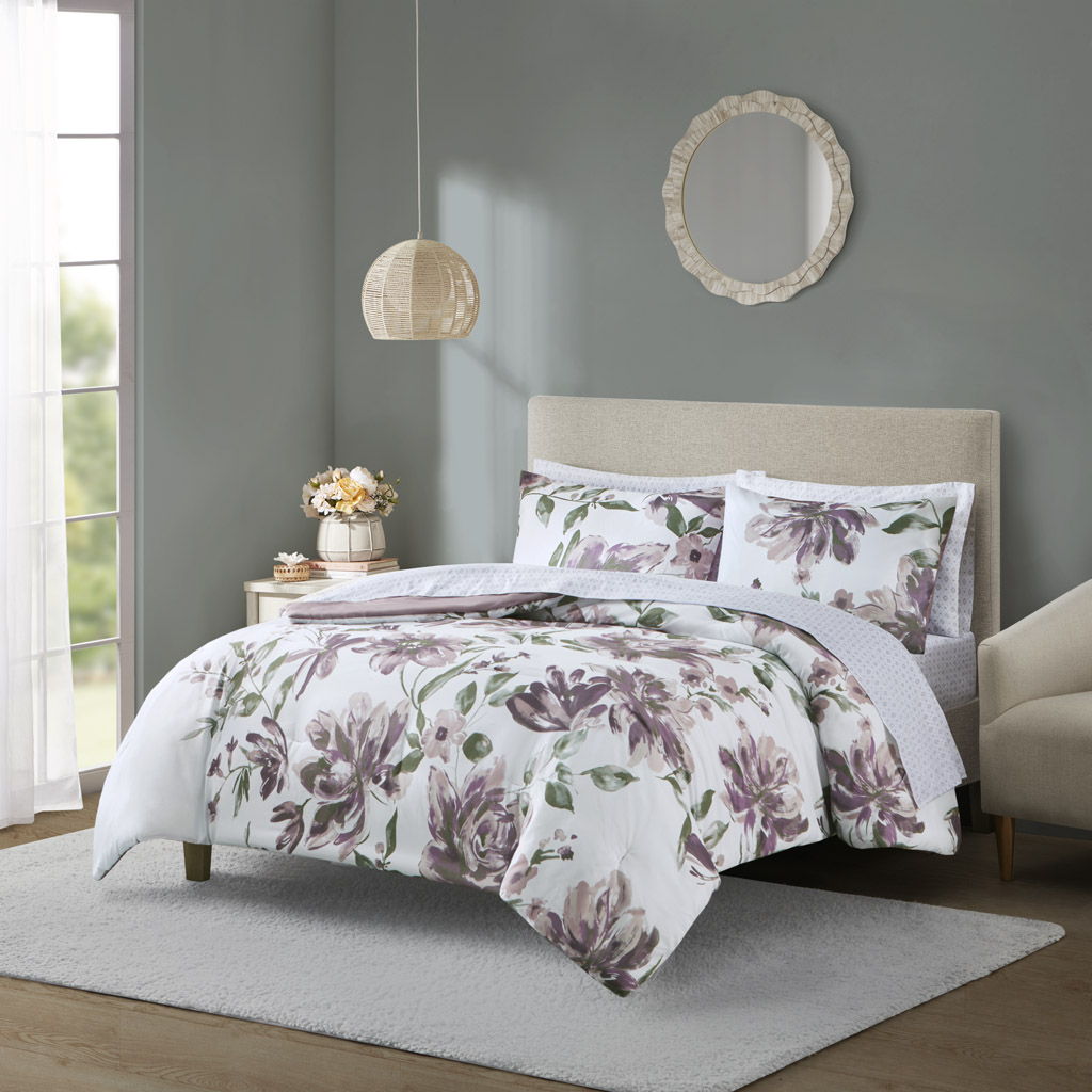Alice - California King Floral Comforter Set With Bed Sheets - Mauve Madison Park Essentials