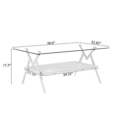 Rectangle Coffee Table With Tempered Glass Top And Shelf, Modern Table For Living Room Home Essentials